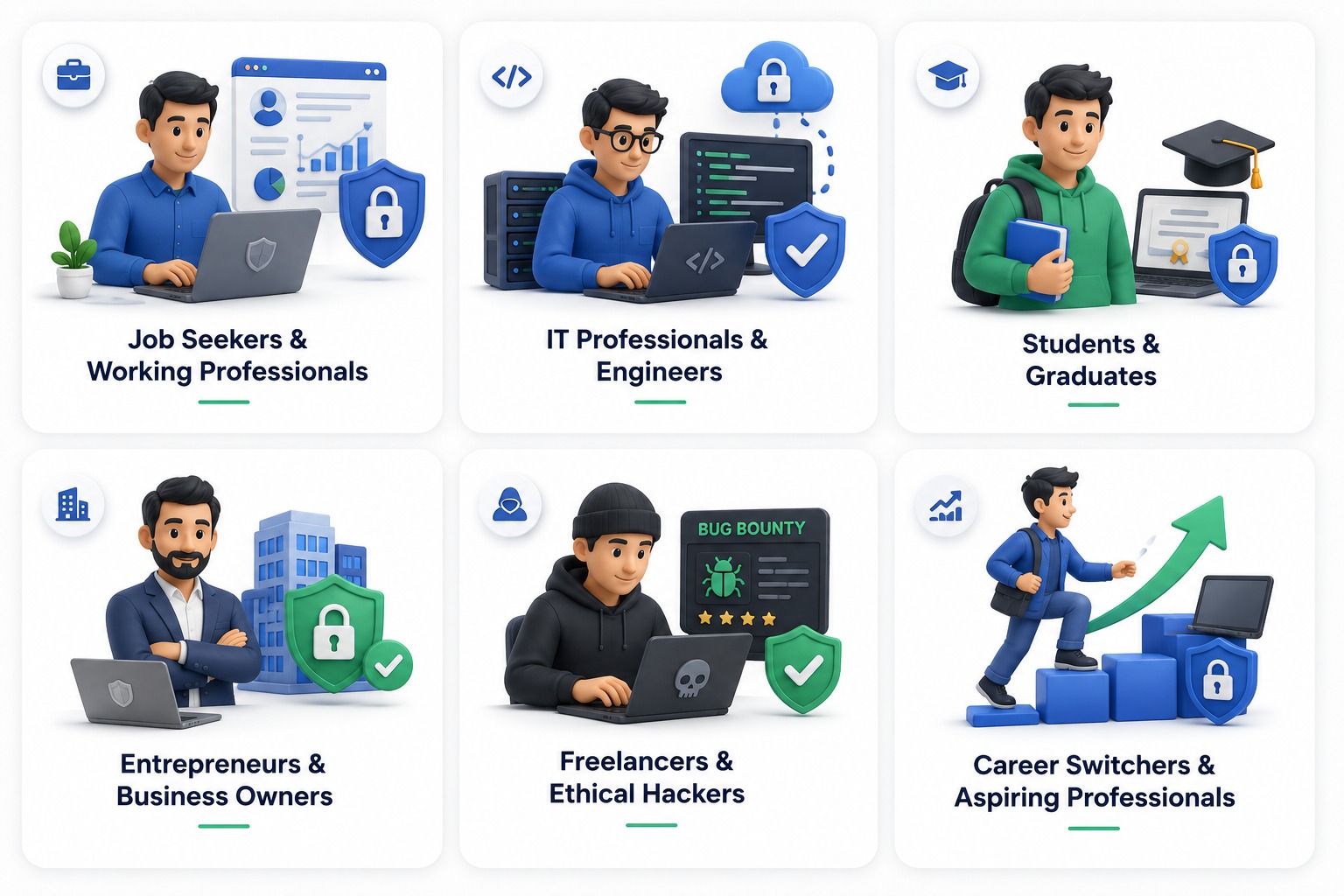 Job seekers and working professionals, IT professionals and engineers, students and graduates, entrepreneurs and business owners, freelancers and ethical hackers, and career switchers and aspiring professionals